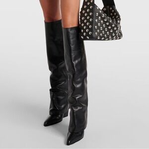 Boots Pointed Toe Knee High Boot Pull On Wide Calf Chunky Heel Leather Boots 9.5